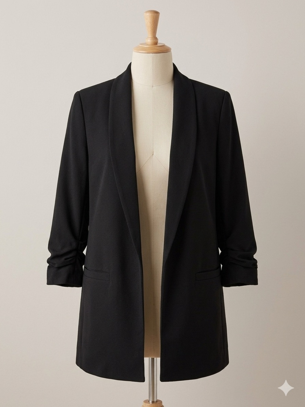 Black Open-Front Longline Coat with Shawl Collar